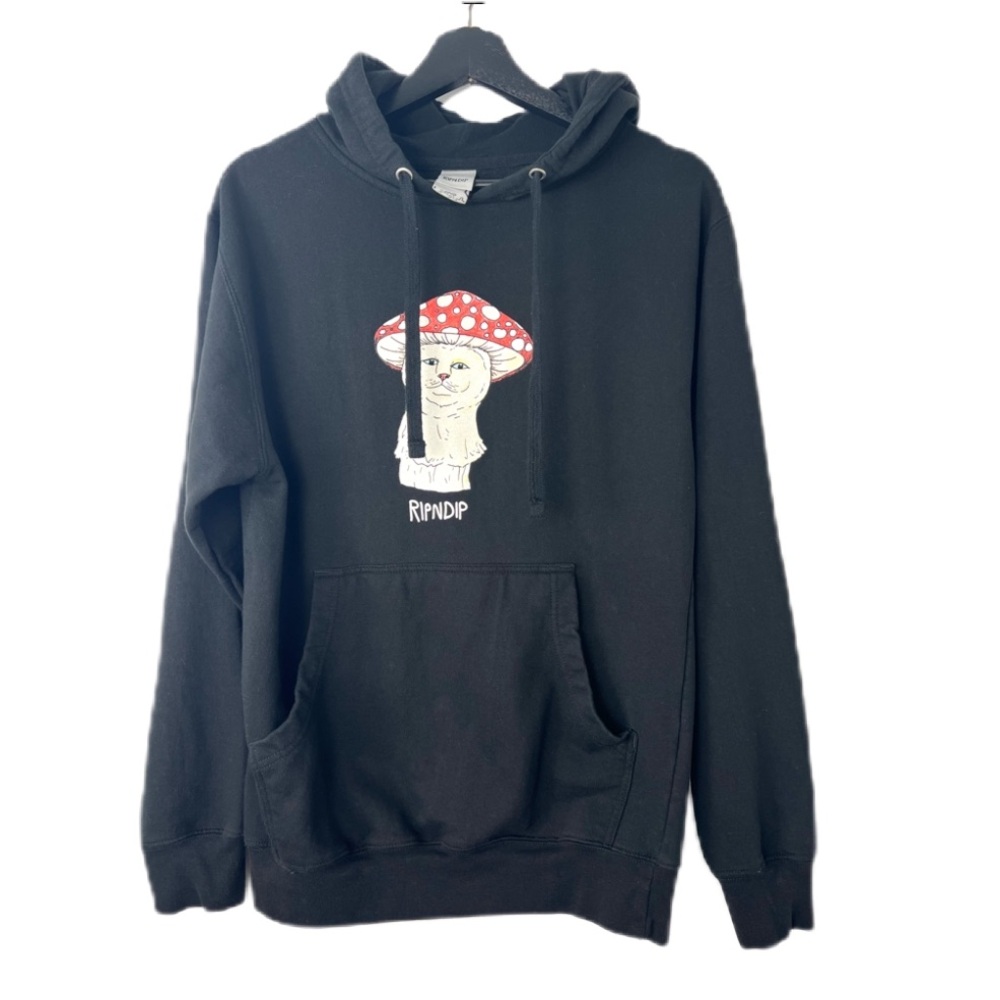 Ripndip Cute Mushroom Cat Graphic Hoodie size S Black Multi Whimsical Cat Lover